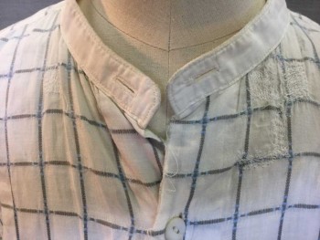 Childrens, Shirt 1890s-1910s, Cream, Gray, Lt Blue, Cotton, Grid , 29, 13 1/2, Lightweight Slightly Sheer Cotton, Collar Band with Stud Holes Front and Back, Repairs At Front Neck Area and Some Gray Stains On Front As Well, 4 Buttons, Long Sleeves,