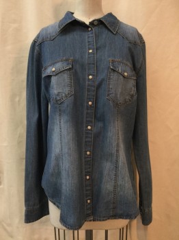 H&M, Denim Blue, Cotton, Polyester, Solid, Blue Chambray, Button Front, Collar Attached, 2 Flap Pockets