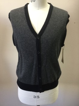 NEIMAN MARCUS, Navy Blue, Gray, Wool, Acrylic, Basket Weave, Button Front, V-neck,