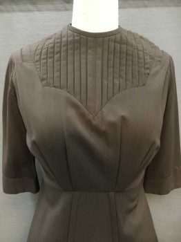 Womens, Dress 1890s-1910s, N/L, Brown, Polyester, Wool, Solid, W 29, B 39, H 42, DRESS:  Brown, Round Neck,  Pleat Yoke, 3/4 Sleeves, 2 Pleat Front Center, 7 Cover Button Back (except) # 4 & 5) and Hook & Eye Back, 3/4 Length, Flair Bottom,
