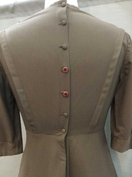 Womens, Dress 1890s-1910s, N/L, Brown, Polyester, Wool, Solid, W 29, B 39, H 42, DRESS:  Brown, Round Neck,  Pleat Yoke, 3/4 Sleeves, 2 Pleat Front Center, 7 Cover Button Back (except) # 4 & 5) and Hook & Eye Back, 3/4 Length, Flair Bottom,