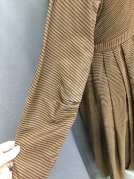 MTO, Black, Dk Brown, Wool, Stripes - Horizontal , Made To Order, Stiff Wool StripedTaffeta, Front Pleat At Shoulder, Bust Gathered Into Waist, Elbow Darts On Long Sleeves with Gusset, Cartridge Pleats Center Back Of Skirt, Knife Pleats For The Rest Of The Skirt, Self Belt, Round Neck, Open Center Front with Hooks and Eyes, Condition Fair Small Mended Holes That Are Slightly Noticeable Due To The Stripe Pattern, Lining Is Poor and Should Be Replaced, Turn Of The Century, Victorian