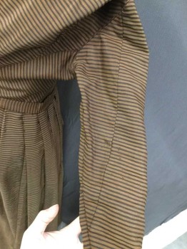 MTO, Black, Dk Brown, Wool, Stripes - Horizontal , Made To Order, Stiff Wool StripedTaffeta, Front Pleat At Shoulder, Bust Gathered Into Waist, Elbow Darts On Long Sleeves with Gusset, Cartridge Pleats Center Back Of Skirt, Knife Pleats For The Rest Of The Skirt, Self Belt, Round Neck, Open Center Front with Hooks and Eyes, Condition Fair Small Mended Holes That Are Slightly Noticeable Due To The Stripe Pattern, Lining Is Poor and Should Be Replaced, Turn Of The Century, Victorian