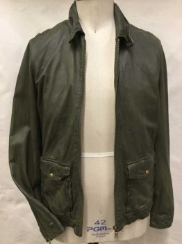 Mens, Leather Jacket, SCOTCH & SODA, Olive Green, Cream, Green, Leather, Solid, XL, Olive Leather, Cream W/dark Palm Trees Lining, Collar Attached, 2 Pockets Bottom W/flap, 1 Brass Button, Long Sleeves, W/zip at Cuffs