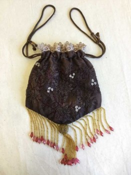 Womens, Purse 1890s-1910s, Rampage, Chocolate Brown, Taupe, Gold, Lt Pink, Clear, Floral, Drawstring Purse, Chocolate Brown Organza with Chocolate/Purple Floral Embroidery, Clear Beads, Taupe Lace Trim, Gold Beaded Fringe Bottom with Light Pink End Beads, Synthetic Strings,