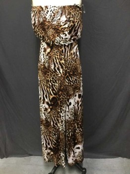 Womens, Romper, SYMPHONY, Brown, Tan Brown, Black, Polyester, Animal Print, S, Strapless, Stretchy, Flared Leg, Elastic Waist