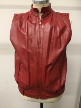Mens, Vest, CARLA, Red, Leather, SMALL, Zip Front, Stand Collar, Gathered Shoulder Seams, Snap Tabs @side Waist,