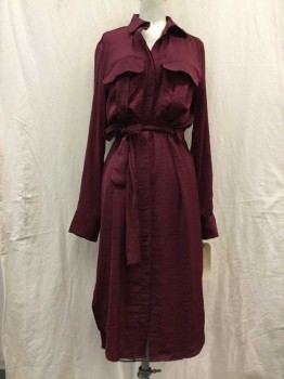 H&M, Red Burgundy, Polyester, Long Sleeves, Shirt Dress, Button Front, Belted