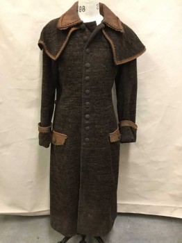 Mens, Historical Fiction Coat, MTO, Dk Brown, Brown, Polyester, Leather, 38, Specked Heavy Chenille, Fabric Covered Buttons At Center Front, W/Inverness Style Cape At Shoulders, Leather Collar Attached, Pinked Leather Trim At Cuffs, Edges Of Cape, Collar, & 2 Pockets At Hips, Black Lining, Double Vent & Pleats At Back Hem