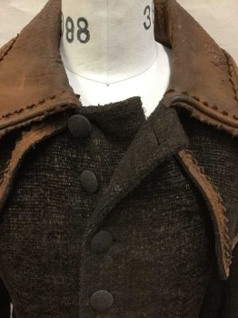 Mens, Historical Fiction Coat, MTO, Dk Brown, Brown, Polyester, Leather, 38, Specked Heavy Chenille, Fabric Covered Buttons At Center Front, W/Inverness Style Cape At Shoulders, Leather Collar Attached, Pinked Leather Trim At Cuffs, Edges Of Cape, Collar, & 2 Pockets At Hips, Black Lining, Double Vent & Pleats At Back Hem