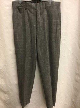 Mens, Suit, Pants, 1890s-1910s, DOMINIC GHERARDI, Taupe, Tan Brown, Wool, Plaid-  Windowpane, Flat Front, Button Fly, Belt Loops, 6 Total Pockets (2 Side, 2 Back, and 2 Small Welt Pockets At Front Waist),