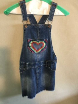 Childrens, Overalls, Cat & Jack, Blue, Multi-color, Cotton, Hearts, 10/12, L, Girls Blue Denim Coverall Skirt, Multicolor Embroidered Heart Center Front, See Photo Attached,