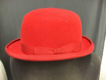 Mens, Bowler/Derby , HARRY HATZ, Red, Wool, Solid, Red Wool Felt Bowler, Red Gross Grain Ribbon Hat Band, See Photo Attached,