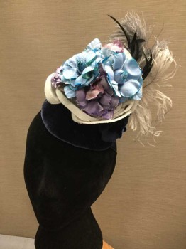 Womens, Fascinator, LISA SHAUB COUTURE, Navy Blue, Lt Gray, Blue, Purple, Black, Synthetic, Navy Velvet Base Hat with Elastic Band, Gray/Navy/Purple/Blue Florettes, Gray/Black Feathers in Back