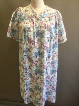 Womens, Housedress, COFFEE TIME, White, Periwinkle Blue, Pink, Taupe, Lt Blue, Cotton, Polyester, Floral, M, White with Pastel Floral Pattern, Short Sleeves, Snap Closures at Front, Quilted Round Yoke at Neck, Light Pink Piping Accents, Hem Below Knee