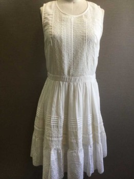 BLUE TASSEL, Ivory White, Cotton, Polyester, Solid, Sleeveless, Eyelet Lace Detail, Pin Tuck Pleated Detail, Self Ruffle Hem, 5 Button Up Back, Side Zip