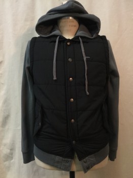 RVCA, Black, Gray, Cotton, Synthetic, Solid, Color Blocking, Quilted Black Vest wih Gray Sweatshirt Lining, Hood, 2 Pockets, Snap Front,