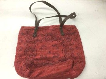 Womens, Purse, N/L, Red, Brown, Charcoal Gray, Cotton, Faux Leather, Paisley/Swirls, Burlap-Like Material, Red with Charcoal Paisley Pattern, Tote Bag with Solid Brown 1" Handles