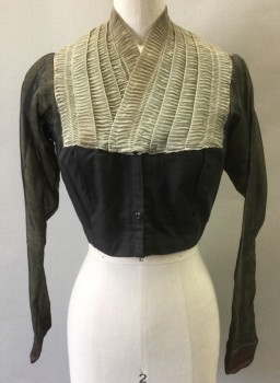 Womens, Historical Fiction Bodice, N/L MTO, Black, Taupe, Cotton, Polyester, Solid, B:32, Black Cotton with Taupe Changable Finely Gathered Chiffon Pleats at Bust/Down Center Back, Black Sheer Net Long Sleeves with Opaque Taupe Underlayer, Hook & Eye Closures at Front, Made To Order Reproduction