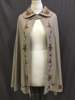 Womens, Sci-Fi/Fantasy Cape, N/L, Lt Brown, Rust Orange, Wool, Solid, Floral, M, Heathered, Peter Pan Collar, Floral Embroidery, Decorative Neck Closure Buttons on Each Side, Small Paint Stain Near Left Hem, Historical Fantasy