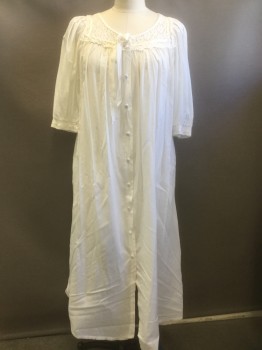 Womens, Nightgown, PRIAMO, Cream, Cotton, Solid, M, 3/4 Sleeves, Scoop Neck, Satin Buttons Down Center Front to Hem, Sheer Floral Lace at Bust/Shoulders, Floor Length