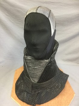 Unisex, Sci-Fi/Fantasy Headpiece, N/L MTO, Black, Iridescent Black, Silver, Synthetic, Hood with Open Face: Sheer Net with Silver Panel at Top of Head, Open at Face, Connected to Neck/Shoulderpiece with Finely Ribbed Metallic Black Fabric, Triangular Panel at Center Front Neck with Silver Metallic Ribbed Material, Zipper at Center Back, Made To Order