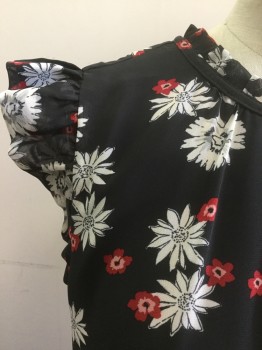 LENON , Black, White, Red, Polyester, Rayon, Floral, Crew Neck, Ruffled Neck, Butterfly Sleeves,  Back Zip