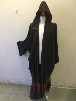 Mens, Historical Fiction Robe, MTO, Black, Red, Cotton, Solid, XXL, Open Front with Leather Tie at Neck, Hooded, Aged/Distressed, Unlined. Multiples, BAR CODE is at Center Back Behind Selvage of Insert