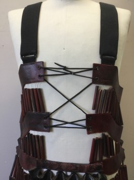 Unisex, Sci-Fi/Fantasy Armour, MTO, Red Burgundy, Black, Leather, Wood, Reptile/Snakeskin, 40, Lace Up Front, Nylon Buckle Straps Back, Suspenders, All Adjustable, Wood Beads Cover the Thighs with Elastic Strap at Knee, Loin Cloth Made of Leather Butterfly Pieces, 'Snake' Skin Texture at Belt Portion. Almost Double FC045739