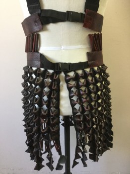 Unisex, Sci-Fi/Fantasy Armour, MTO, Red Burgundy, Black, Leather, Wood, Reptile/Snakeskin, 40, Lace Up Front, Nylon Buckle Straps Back, Suspenders, All Adjustable, Wood Beads Cover the Thighs with Elastic Strap at Knee, Loin Cloth Made of Leather Butterfly Pieces, 'Snake' Skin Texture at Belt Portion. Almost Double FC045739