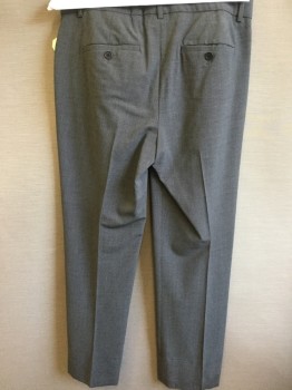 THEORY, Heather Gray, Wool, Elastane, Solid, Flat Front, Slit Pockets, Creased Legs, Slit Back Pockets W/button