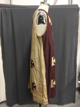 Mens, Historical Fiction Tabard, M.T.O, Tan Brown, Plum Purple, Linen, Cotton, 40/42, M, Medieval Soldier Tabard Jewel Neck with Slit Center Front, & Center Back, Cross Shaped Appliqué, Made To Order, Multiples