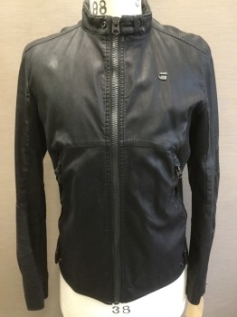 GSTAR RAW, Black, Synthetic, Solid, Faux Leather, Zip Front, Collar Band, Black Rib Knit Underarm Insets & Cuffs, 2 Zip Pockets