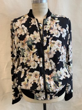 TOP MAN, Black, White, Coral Orange, Gray, Cupro, Viscose, Floral, Bomber, Drapy, Zip Front, Rib Knit Collar/cuffs and Waistband, 2 Pockets,
