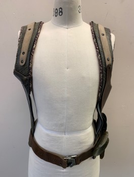 Unisex, Sci-Fi/Fantasy Harness, MTO, Olive Green, Brown, Taupe, Gray, Leather, Neoprene, Patchwork, 36, Assorted Panels, Woven Patterned Burgundy and Taupe Piping, Waist Belt with Weapon Holsters, 3" Straps Over Shoulders, X Shaped Neoprene Panel in Back, Made To Order