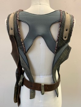 Unisex, Sci-Fi/Fantasy Harness, MTO, Olive Green, Brown, Taupe, Gray, Leather, Neoprene, Patchwork, 36, Assorted Panels, Woven Patterned Burgundy and Taupe Piping, Waist Belt with Weapon Holsters, 3" Straps Over Shoulders, X Shaped Neoprene Panel in Back, Made To Order