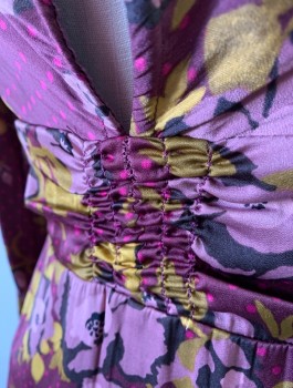 FREE PEOPLE, Plum Purple, Olive Green, Mauve Pink, Lavender Purple, Polyester, Floral, Dots, Satin, Plunging Scoop Neck with Self Ties at Keyhole, Hem Above Knee, Elastic Smocking at Waist Front and Back, and Cuffs, Invisible Zipper at Side