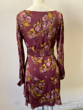 FREE PEOPLE, Plum Purple, Olive Green, Mauve Pink, Lavender Purple, Polyester, Floral, Dots, Satin, Plunging Scoop Neck with Self Ties at Keyhole, Hem Above Knee, Elastic Smocking at Waist Front and Back, and Cuffs, Invisible Zipper at Side