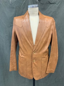 Mens, Leather Jacket, LEATHER FASHIONS, Caramel Brown, Leather, Solid, 40, Single Breasted, Collar Attached, Notched Lapel, 2 Pockets, Wester Yoke, Waist Seam *couple of Scratches*,