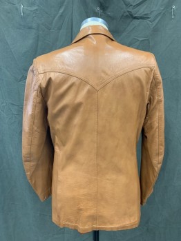 Mens, Leather Jacket, LEATHER FASHIONS, Caramel Brown, Leather, Solid, 40, Single Breasted, Collar Attached, Notched Lapel, 2 Pockets, Wester Yoke, Waist Seam *couple of Scratches*,