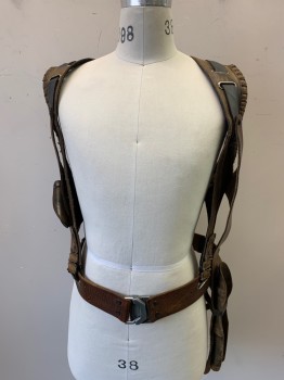Unisex, Sci-Fi/Fantasy Harness, MTO, Brown, Leather, Solid, OS, Aged Leather Harness/ Belt, Criss Cross Back, Weapon Holders, Sci Fi/ Post Apocalyptic