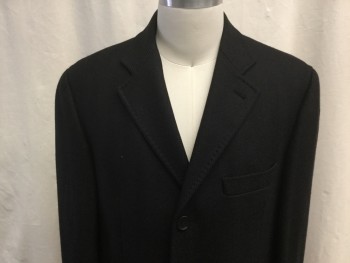 RUBENSTEINS, Black, Wool, Polyester, Herringbone, Notched Lapel, Single Breasted, 3 Button Closure, 1 Chest Welt Pocket, 2 Flap Besom Pockets, Center Back Vent, At the Knee Length