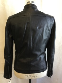 JOHN VARVATOS, Black, Leather, Solid, Zip Front, 2 Welt Pocket, 1 Zip Pocket, Stand Collar,
