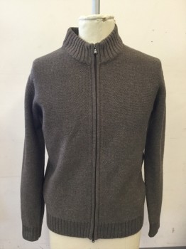 BLUE, Dusty Brown, Acrylic, Wool, Solid, Zip Front, Long Sleeves, Ribbed Knit Stand Collar, Ribbed Knit Cuff/Waistband