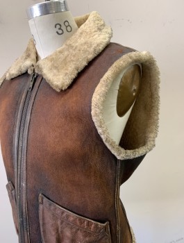 PERFECTO BRAND, Brown, Ecru, Leather, Shearling, Solid, Brown Aged Leather, Ecru Plush Lining, Zip Front, 2 Pockets, Very Dirty/Grubby Throughout, Multiples