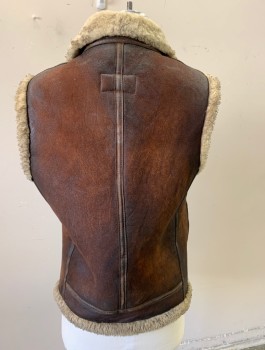 PERFECTO BRAND, Brown, Ecru, Leather, Shearling, Solid, Brown Aged Leather, Ecru Plush Lining, Zip Front, 2 Pockets, Very Dirty/Grubby Throughout, Multiples