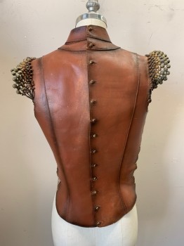 Womens, Sci-Fi/Fantasy Corset, MTO, Brown, Leather, W24-26, B30-33, Mock Neck, Structured Bust, Cap Beaded Sleeves, Lace Up Sides, Button Back