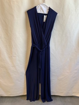 Womens, Jumpsuit, BAILEY 44, Navy Blue, Polyester, Spandex, Solid, M, Surplice Top, Snap Front, Sleeveless, 1.5" Waistband, Attached Front Self Belt