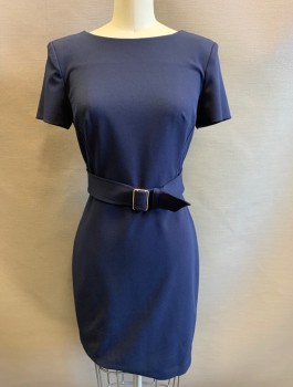 Womens, Dress, Short Sleeve, CALVIN KLEIN, Navy Blue, Polyester, Spandex, Solid, Sz.2, Stretch Crepe, Round Neck,  Lightly Padded Shoulders, 2" Wide Self Belt with Silver Buckle Attached at Sides Of Waist, Sheath Dress, Hem Above Knee