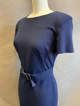 Womens, Dress, Short Sleeve, CALVIN KLEIN, Navy Blue, Polyester, Spandex, Solid, Sz.2, Stretch Crepe, Round Neck,  Lightly Padded Shoulders, 2" Wide Self Belt with Silver Buckle Attached at Sides Of Waist, Sheath Dress, Hem Above Knee